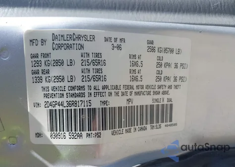 2006 Dodge Grand Caravan Sxt z USA, uszkodzony, nr VIN 2D4GP44L36R817115